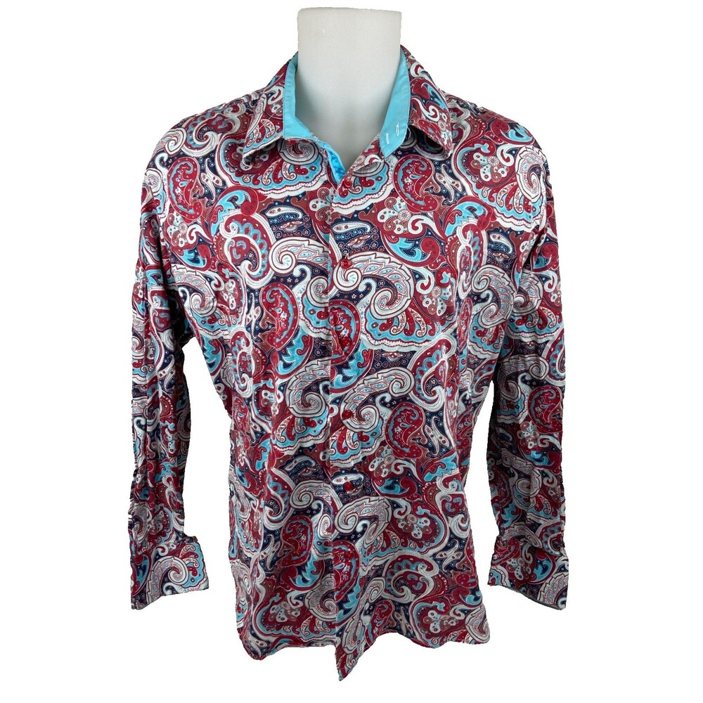 Inserch Icon Men 3XL Paisley Shirt Red Blue Flip Cuff Satin Colorful Casual